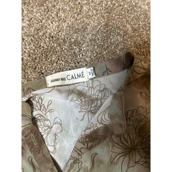 Johnny Was Oversized Puff-sleeve Shirt full button sage brown flowy SZ XS - Picture 3 of 7